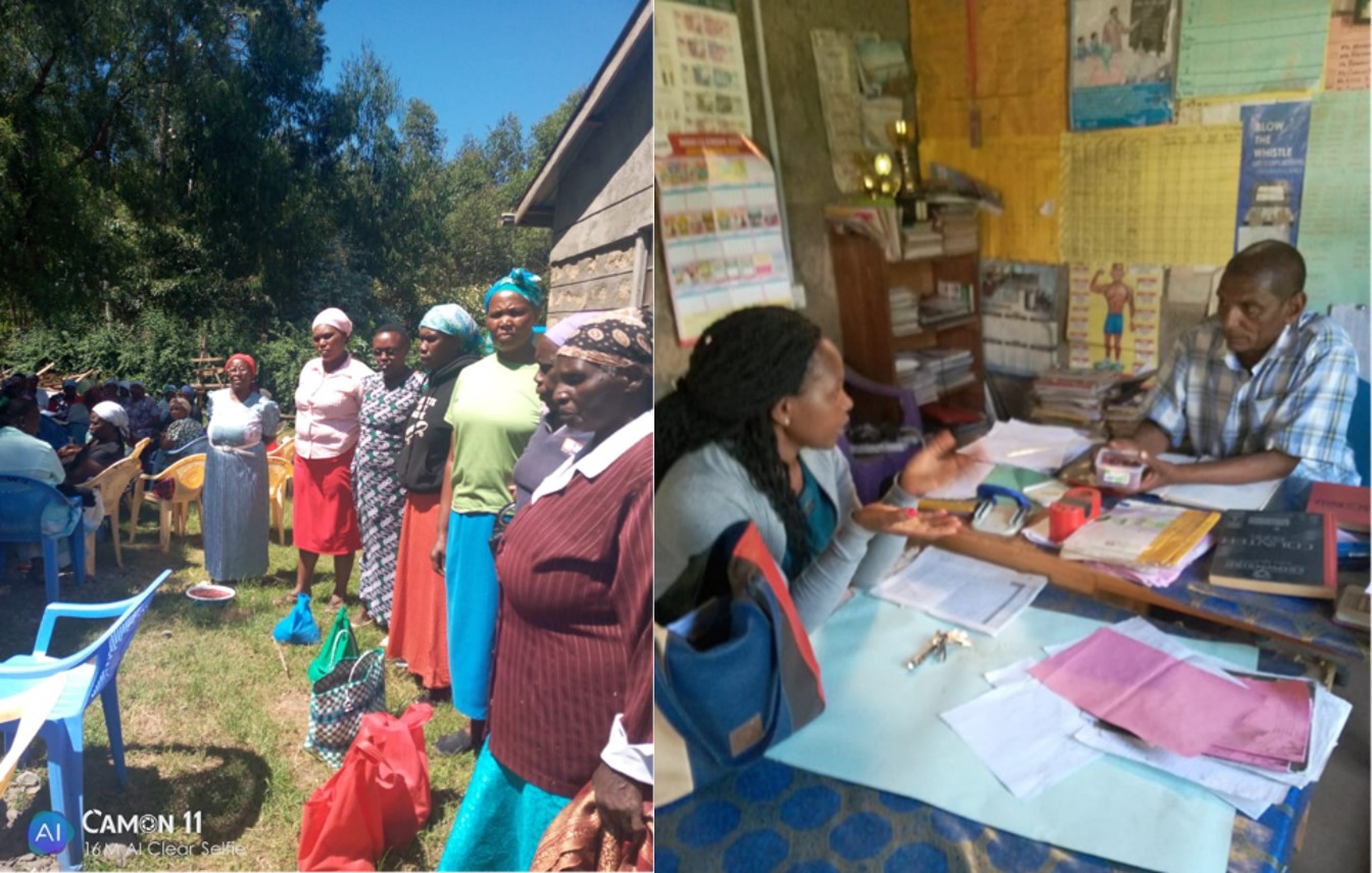 Figure 2: Florence collecting beans from women groups, and talking with a headmaster from the local primary school who is interested in a school feeding program that includes beans (from left to right).