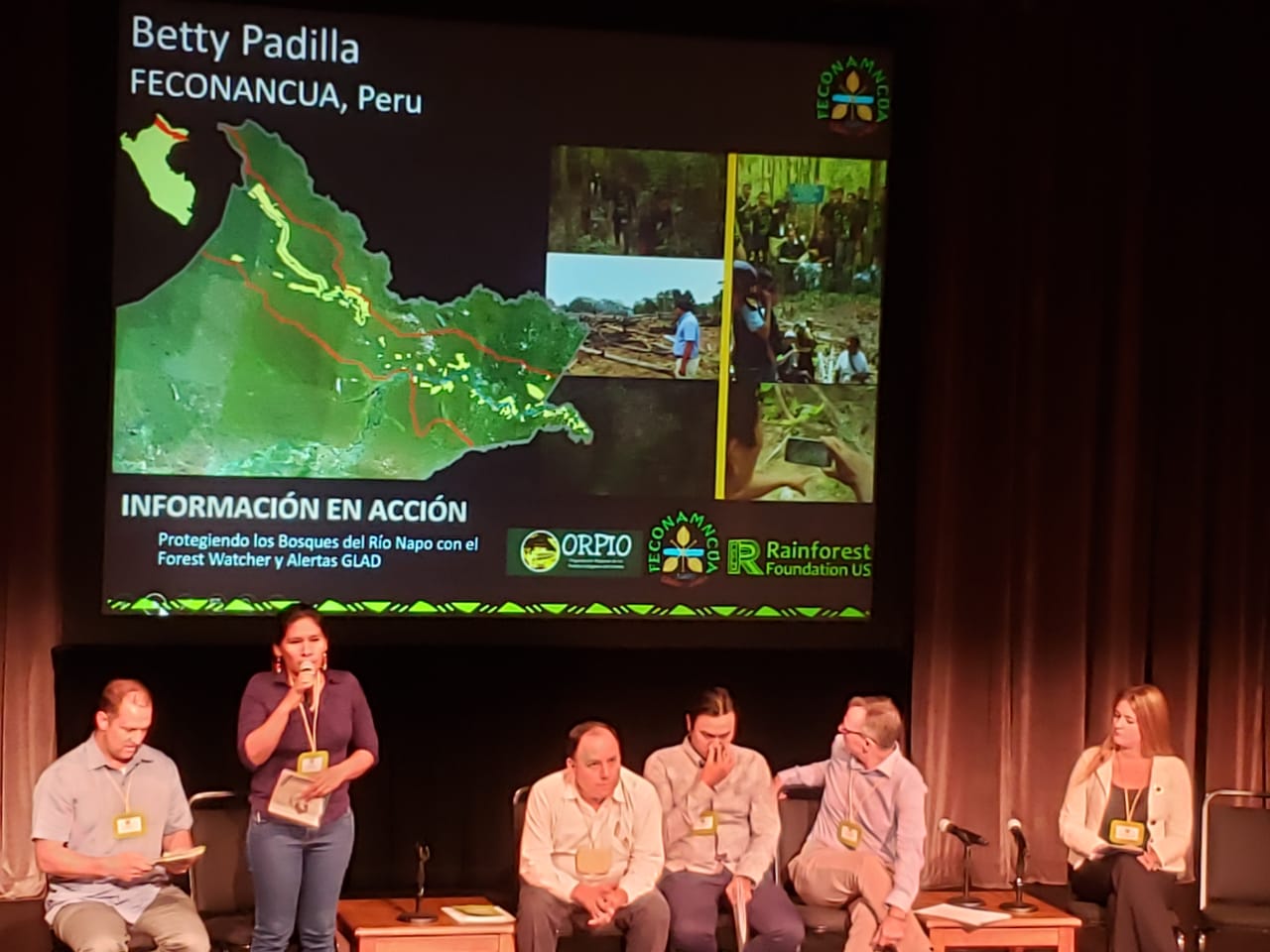 Peruvian Betty Padilla discussing deforestation at Global Forest Watch Summit.