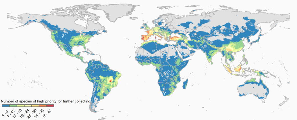 Global hotspots of distributions of crop wild relative species assessed as in urgent need of further collecting to improve their representation in genebanks. Areas colored yellow, orange, and red possess the highest concentrations of under-represented species