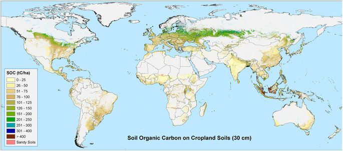 Soil organic carbon (SOC) in the top 30 cm, currently (T0), on all available cropland soils globally (i.e. those not excluded from the analysis as high SOC soils or sandy soils). Maps were produced based upon a geospatial analysis of datasets from the SoilsGrids250 database19, using ESRI ArcGIS software (version 10.3; www.esri.com).