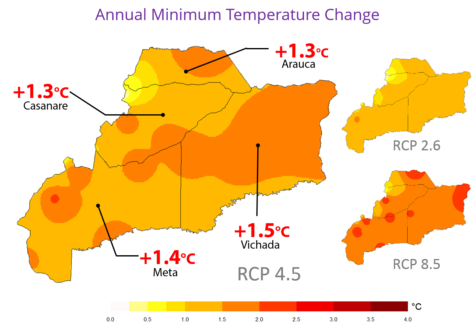 Projected changes in annual minimum temperature on Colombia’s Eastern Plains by 2040, for 3 emission scenarios: RCP 2.6 (optimistic), 4.5 (intermediate) y 8.5 (pessimist).