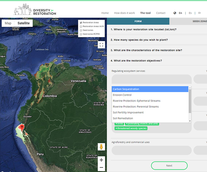 Muestra del sitio web de la herramienta D4R. Los usuarios identifican una ubicación y luego envían información sobre las condiciones del sitio y los objetivos del proyecto. Crédito: Alianza Bioversity International y CIAT