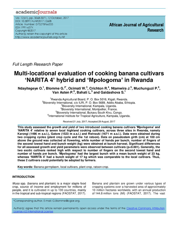 Multi-locational evaluation of cooking banana cultivars &lsquo;NARITA 4&rsquo; hybrid and &lsquo;Mpologoma&rsquo; in Rwanda