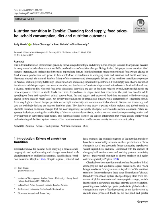 Nutrition transition in Zambia: Changing food supply, food prices, household consumption, diet and nutrition outcomes