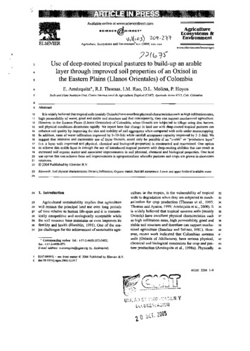 Use of deep-rooted tropical pastures to build-up an arable layer throught improvement soil properties of an oxisol in the Eastern Plains (Llanos Orientales) of Colombia