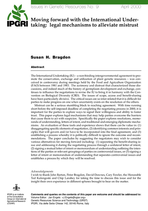 Moving forward with the international undertaking: Legal mechanisms to alleviate mistrust