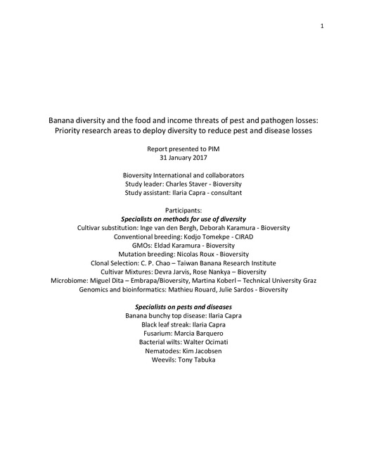 Banana diversity and the food and income threats of pest and pathogen losses: Priority research areas to deploy diversity to reduce pest and disease losses