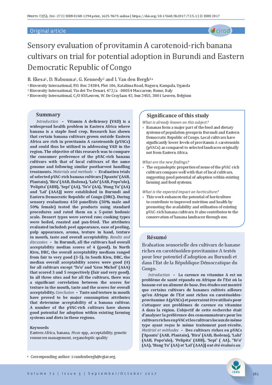 Sensory evaluation of provitamin A carotenoid-rich banana cultivars on trial for potential adoption in Burundi and Eastern Democratic Republic of Congo
