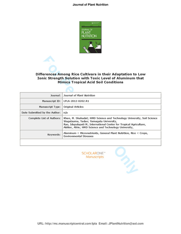 Differences among rice cultivars in their adaptation to low ionic strength solution with toxic level of aluminum that mimics tropical acid soil conditions