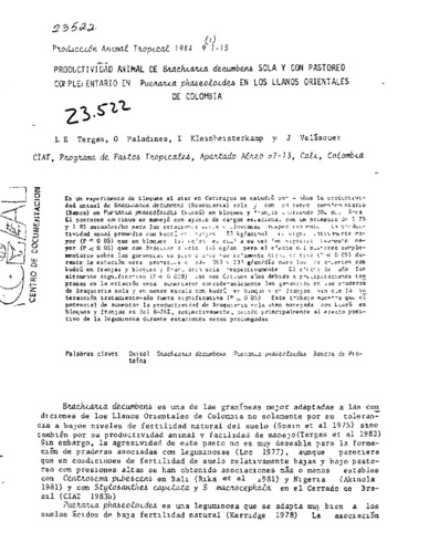 Productividad animal de Brachiaria decumbens sola y con pastoreo complementario en Pueraria phaseoloides en los Llanos Orientales de Colombia