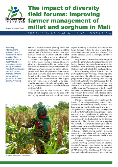 The impact of diversity field forums: improving farmer management of millet and Sorghum in Mali