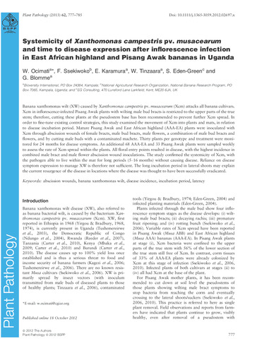 Systemicity of Xanthomonas campestris pv. Musacearum and time to disease expression after inflorescence infection in East African highland and Pisang Awak bananas in Uganda