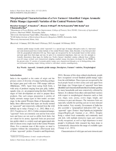 Morphological characterization of a few farmers&rsquo;- identified unique aromatic pickle mango (Appemidi) varieties of the Central Western Ghats