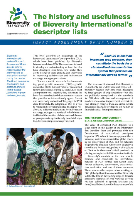 The history and usefulness of Bioversity International&rsquo;s descriptor lists