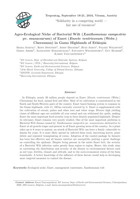Agro-ecological niche of bacterial wilt (Xanthomonas campestris pv. musacearum) of enset (Ensete ventricosum (Welw.) Cheessman) in Gamo highlands of Ethiopia