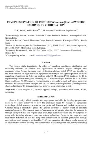 Cryopreservation of coconut (Cocos nucifera L.) zygotic embryos by vitrification