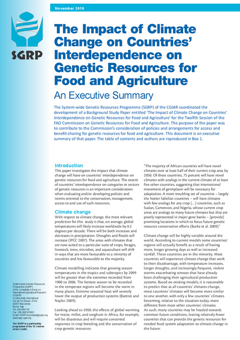 The impact of climate change on countries&rsquo; interdependence on genetic resources for food and agriculture: An executive summary