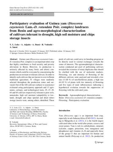 Participatory evaluation of Guinea yam (Dioscorea cayenensis Lam.&ndash;D. rotundata Poir. complex) landraces from Benin and agro-morphological characterization of cultivars tolerant to drought, high soil moisture and chips storage insects
