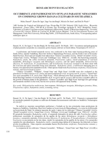Occurrence and pathogenicity of plant-parasitic nematodes on commonly grown banana cultivars in South Africa