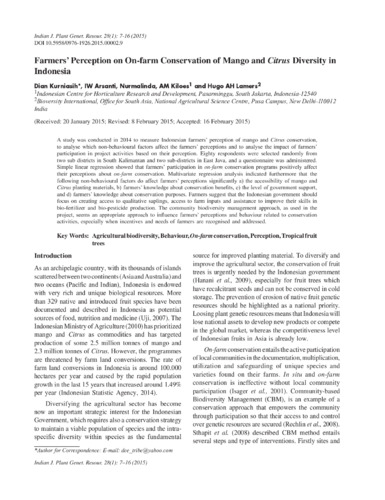 Farmers' perceptions on on-farm conservation of mango and citrus diversity in Indonesia