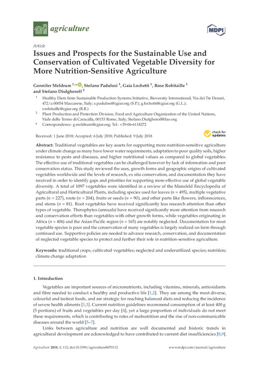 Issues and prospects for the sustainable use and conservation of cultivated vegetable diversity for more nutrition-sensitive agriculture