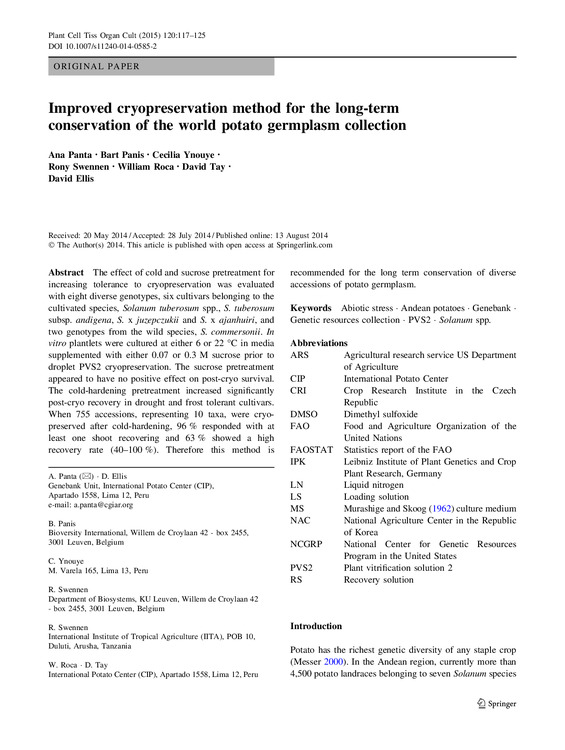 Improved cryopreservation method for the long-term conservation of the world potato germplasm collection
