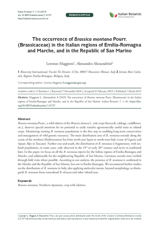 The occurrence of Brassica montana Pourr. (Brassicaceae) in the Italian regions of Emilia-Romagna and Marche, and in the Republic of San Marino