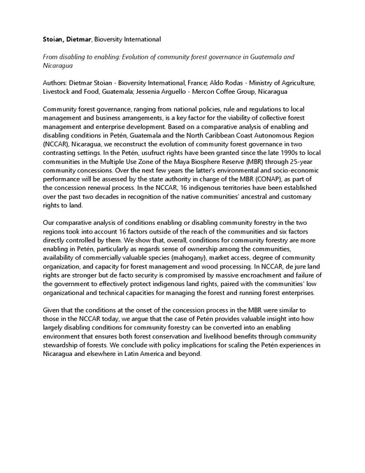 From disabling to enabling: Evolution of community forest governance in Guatemala and Nicaragua. [Abstract]