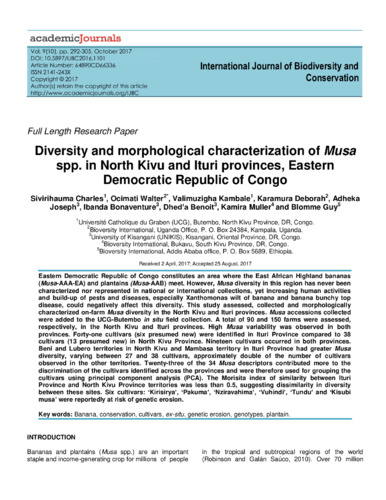 Diversity and morphological characterization of Musa spp. in North Kivu and Ituri provinces, Eastern Democratic Republic of Congo