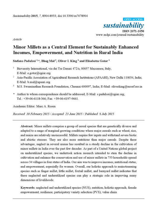 Minor millets as a central element for sustainably enhanced incomes, empowerment, and nutrition in rural India