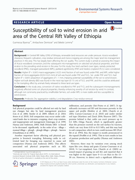 Susceptibility of soil to wind erosion in arid area of the Central Rift Valley of Ethiopia