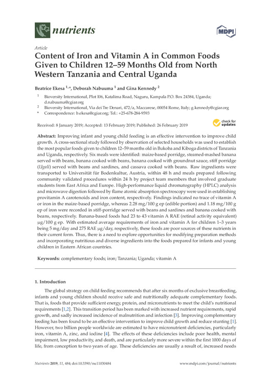 Content of iron and vitamin A in common foods given to children 12&ndash;59 months old from North Western Tanzania and Central Uganda