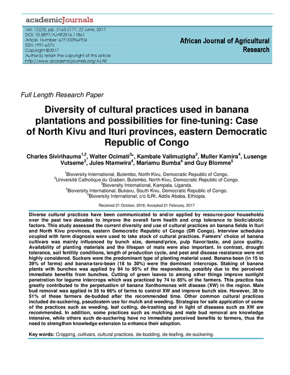 Diversity of cultural practices used in banana plantations and possibilities for fine-tuning: Case of North Kivu and Ituri provinces, eastern Democratic Republic of Congo