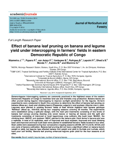 Effect of banana leaf pruning on banana and legume yield under intercropping in farmers' fields in eastern Democratic Republic of Congo