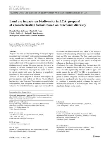 Land use impacts on biodiversity in LCA: proposal of characterization factors based on functional diversity