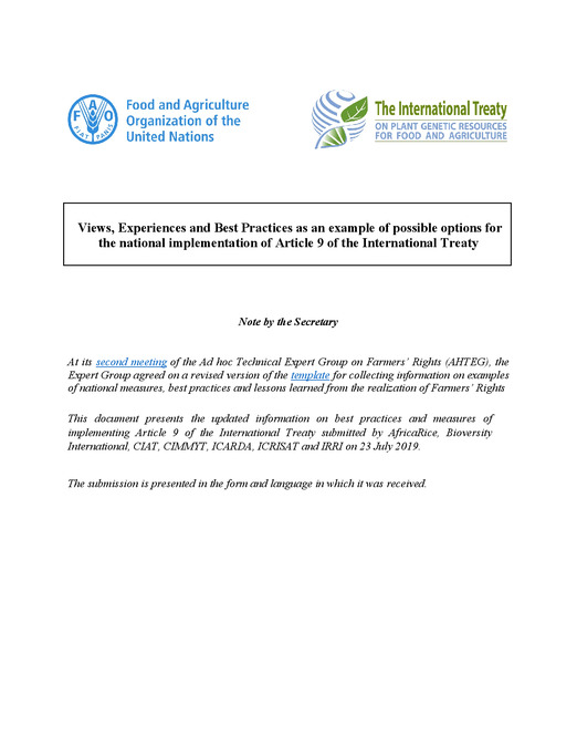CGIAR Centres&rsquo; submission on best practices/measures of implementing Article 9 of the ITPGRFA: Views, experiences and best practices as an example of possible options for the national implementation of article 9 of the International Treaty