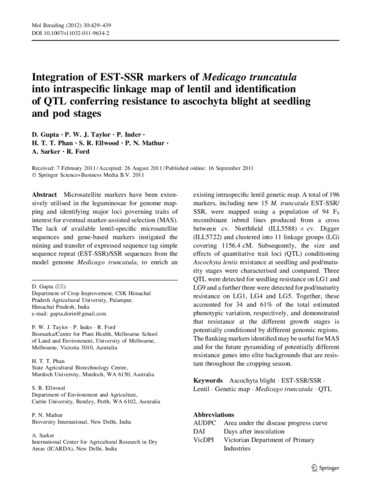 Integration of EST-SSR markers of Medicago truncatula into intraspecific linkage map of lentil and identification of QTL conferring resistance to ascochyta blight at seedling and pod stages
