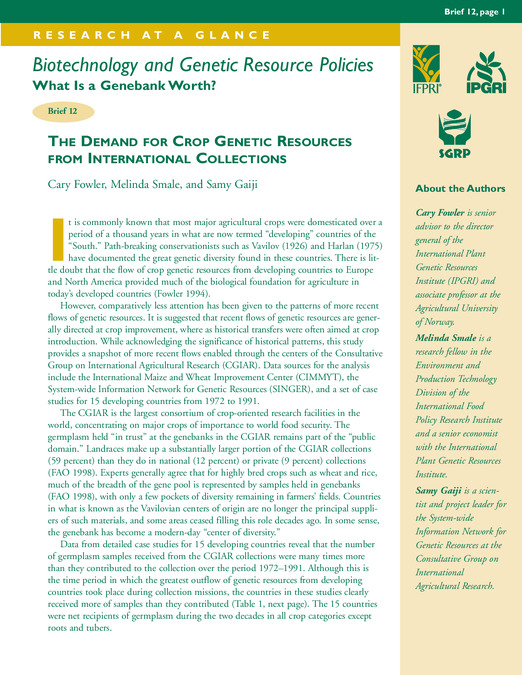 The demand for crop genetic resources from international collection: December 2003, Brief 12