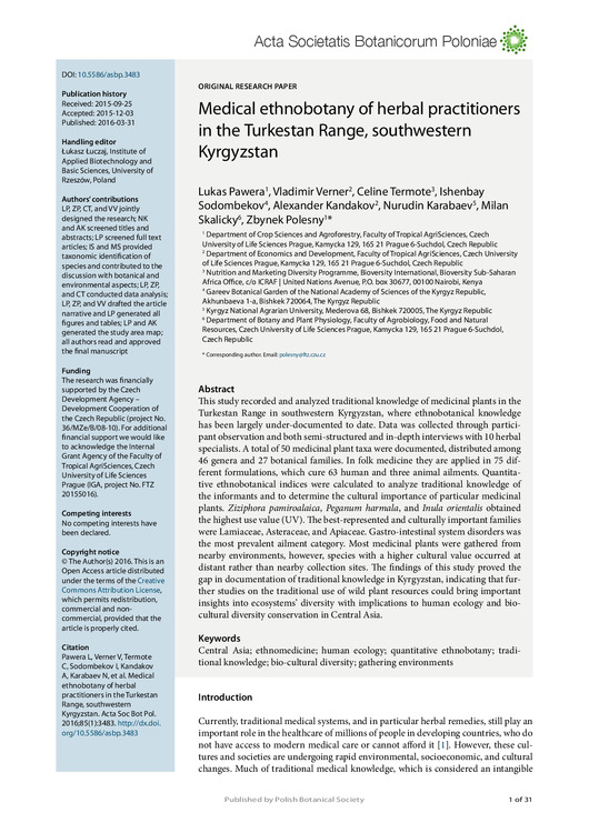 Medical ethnobotany of herbal practitioners in the Turkestan Range, southwestern Kyrgyzstan