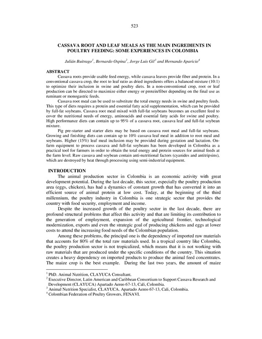 Cassava root and leaf meals as the main ingredients in poultry feeding: some experiences in Colombia
