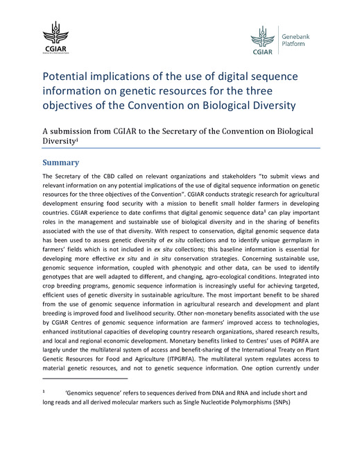 Potential implications of the use of digital sequence information on genetic resources for the three objectives of the Convention on Biological Diversity. A submission from CGIAR to the Secretary of the Convention on Biological Diversity (CBD)