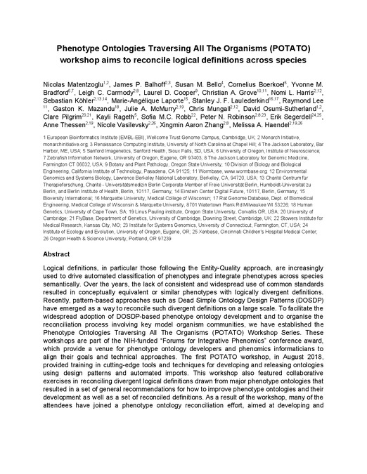 Phenotype Ontologies Traversing All The Organisms (POTATO) workshop aims to reconcile logical definitions across species. Workshop Report