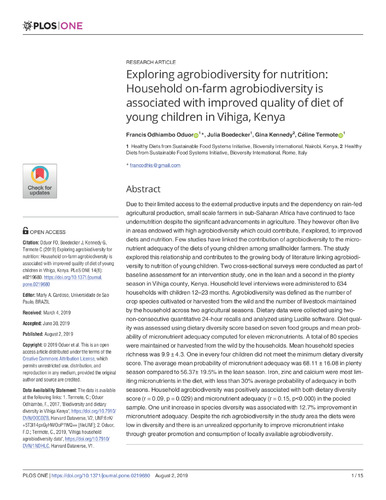 Exploring agrobiodiversity for nutrition: Household on-farm agrobiodiversity is associated with improved quality of diet of young children in Vihiga, Kenya