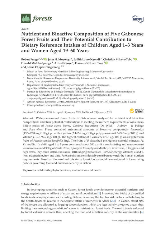 Nutrient and bioactive composition of five Gabonese forest fruits and their potential contribution to dietary reference intakes of children aged 1&ndash;3 years and women aged 19&ndash;60 years