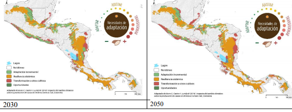 Predicted Climate Impact for Central America. See: https://www.worldcocoafoundation.org/wp-content/uploads/2018/08/Climate-Smart-Cocoa-WCF-Annual-Report-Oct-1-2018-Sep-30-2019.pdf