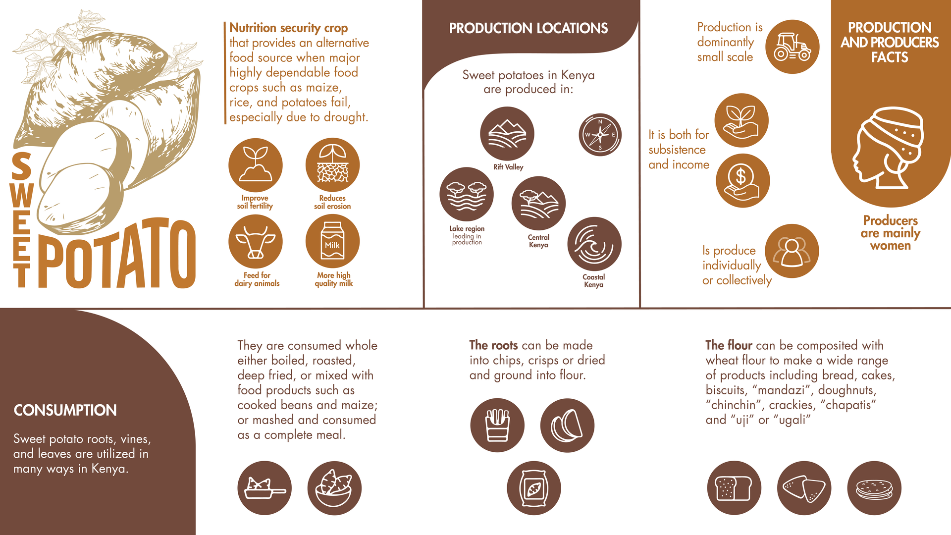Figure 1. Sweet potato benefits, production locations, facts and consumption in Kenya.