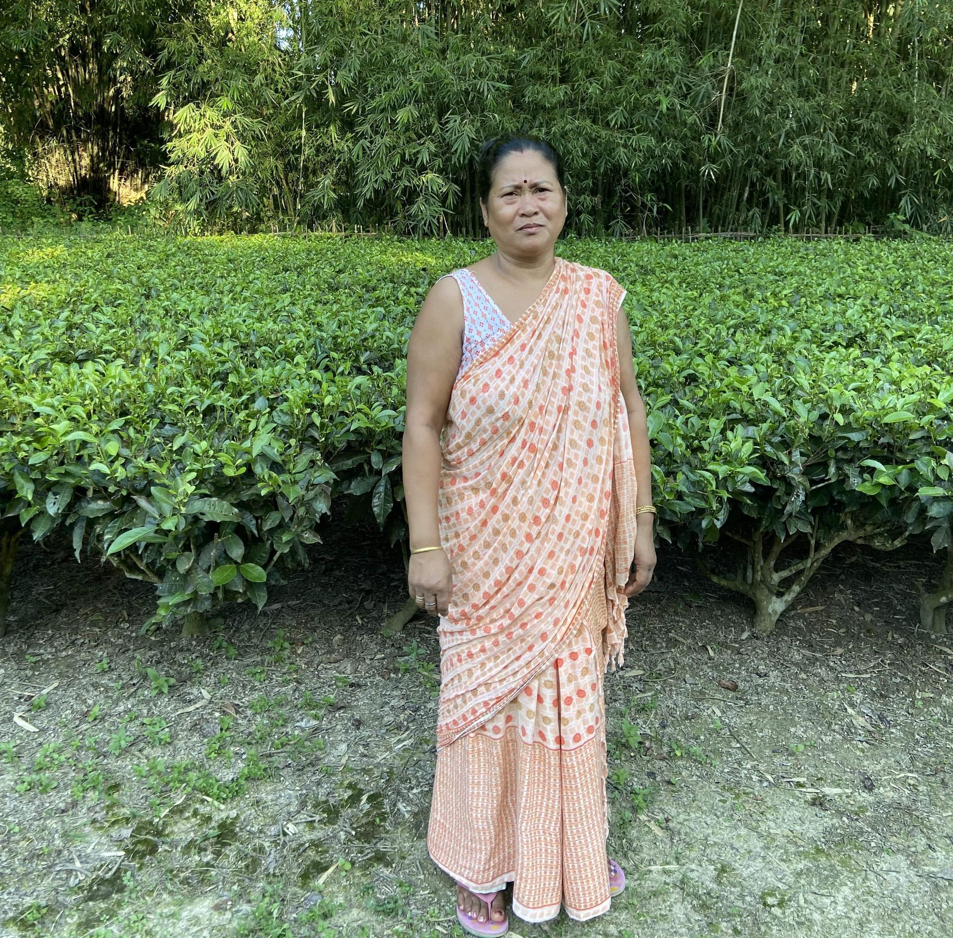 An ethnically Assamese woman stands in front of her family’s tea field - Alliance Bioversity International - CIAT