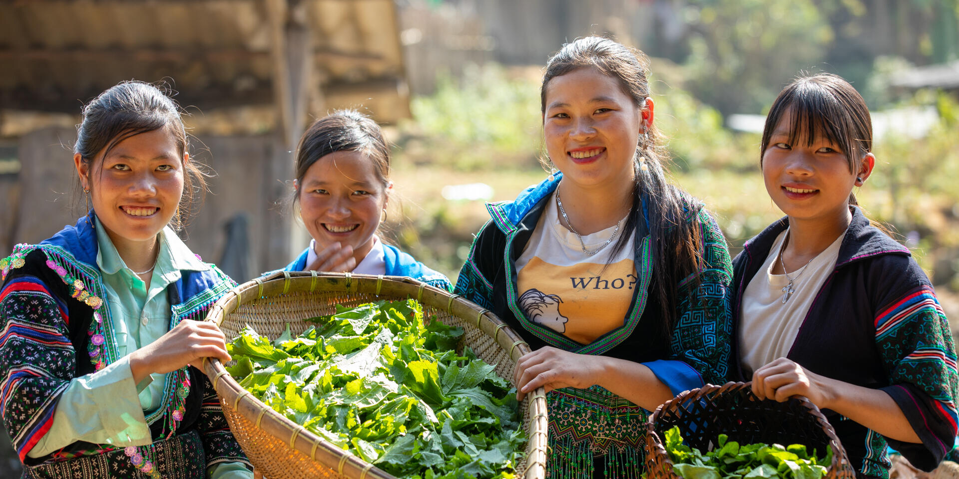 Group of Hmong women showing their harvest of mustard leaves