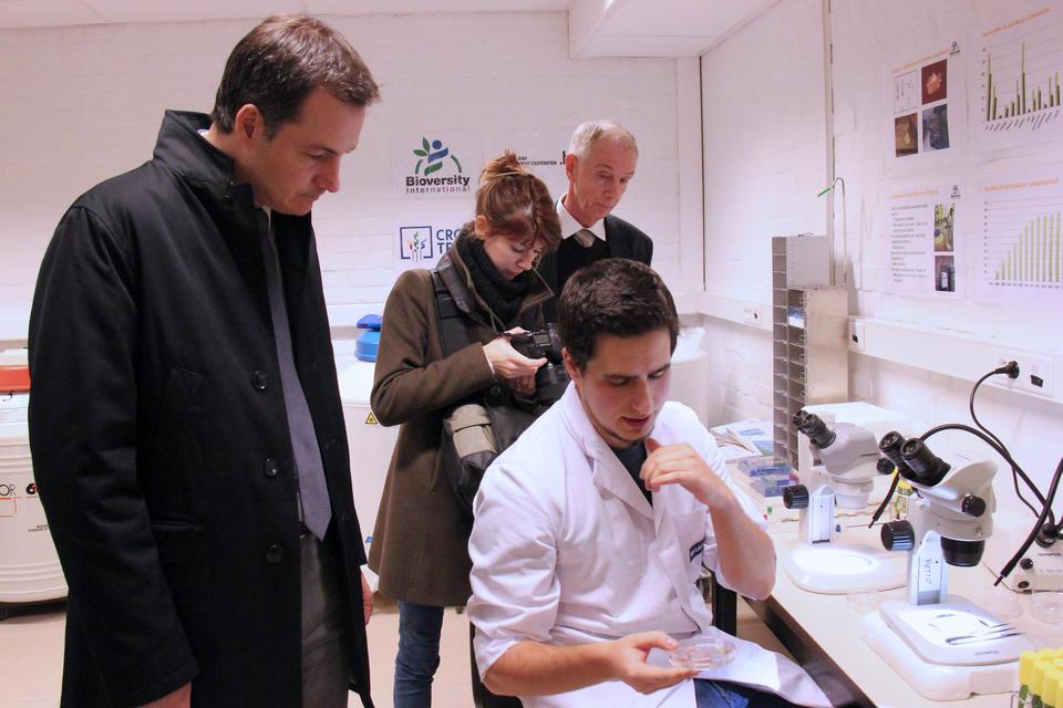 Belgium Deputy Prime Minister and Minister for Development Cooperation, Alexander De Croo, visits the cryopreservation facility at the ITC. Credit: Bioversity International/N.Capozio